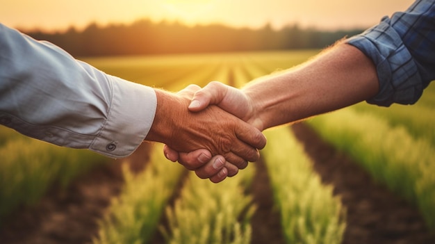 Apretón de manos Dos granjeros de pie y dándose la mano en un campo de trigo Negocio agrícola