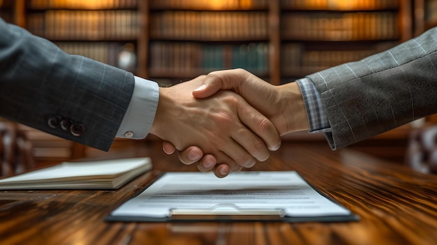 Apretón de manos formal entre profesionales en un acuerdo de establecimiento de biblioteca y concepto de asociación de IA