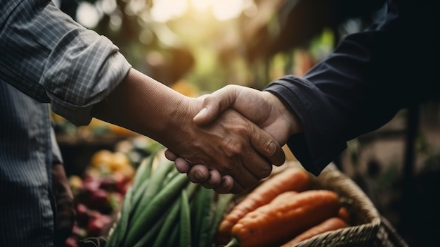 Apretón de manos de granjero y cliente en el mercado de agricultores Concepto de negocio IA generativa