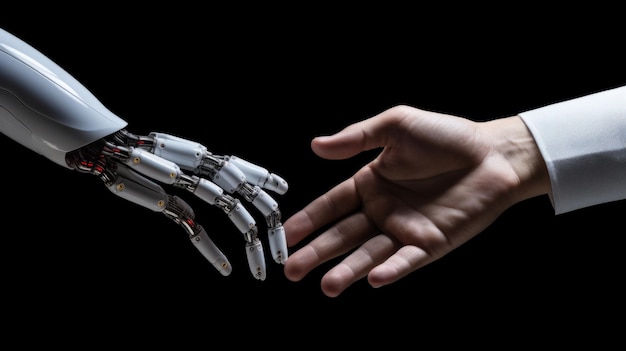 Apretón de manos de mano humana y mano de robot Colaboración entre humanos y máquinas Aislado