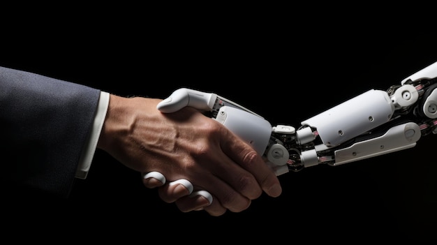 Apretón de manos de mano humana y mano de robot Colaboración entre humanos y máquinas Aislado