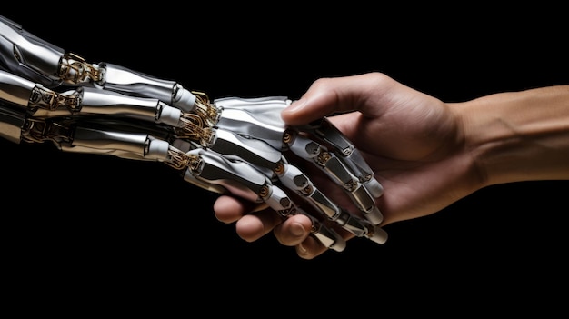 Apretón de manos de mano humana y mano de robot Colaboración entre humanos y máquinas Aislado
