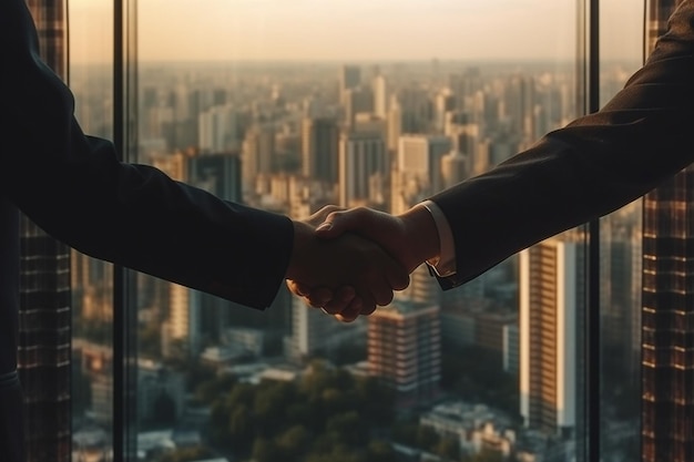 Foto apretón de manos de negocios en el fondo de la vista desde la ventana de un rascacielos