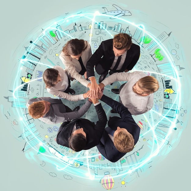 Apretón de manos de una persona de negocios por encima de un concepto de dibujo redondo y creativo de trabajo en equipo y asociación