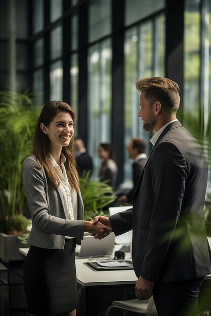 Un apretón de manos de personas de negocios sentadas en la mesa de la oficina