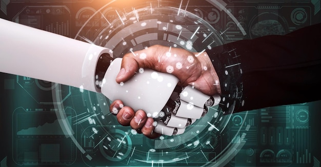 Apretón de manos de robot hominoide de representación 3D para colaborar con la tecnología futura