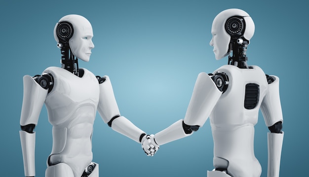 Apretón de manos de robot humanoide de representación 3D para colaborar con la tecnología futura