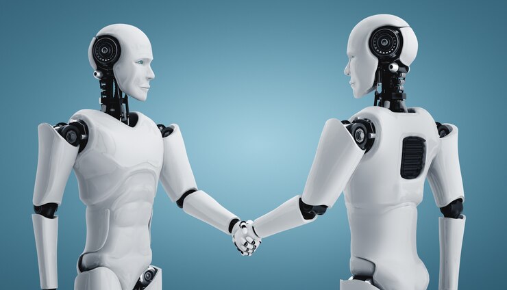 Foto apretón de manos de robot humanoide de representación 3d para colaborar con la tecnología futura