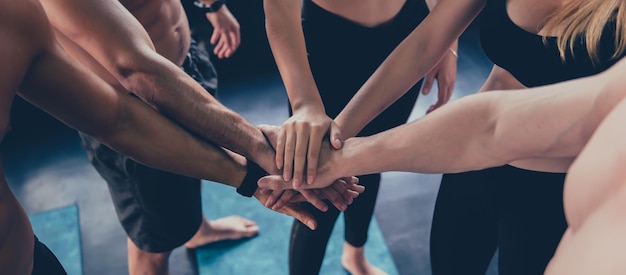 apretón de manos para el trabajo en equipo en el gimnasio. Salud mental y bienestar. En forma y firme para la salud. Mejoras mente-cuerpo.