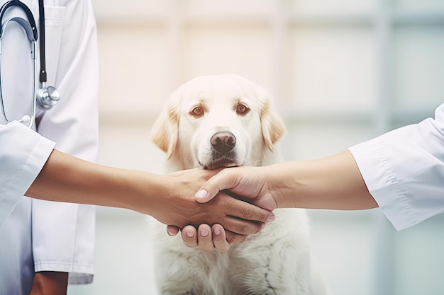 Apretón de manos de veterinarios y perro sentado detrás