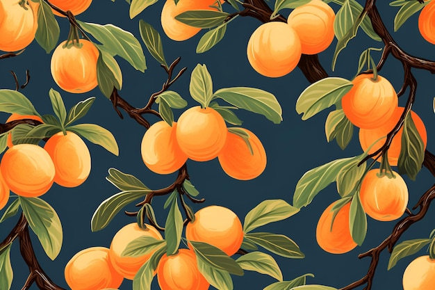 Aprikosen auf Zweigen mit Blättern Illustrationsmuster auf dunkelblauem Hintergrund AI generativ