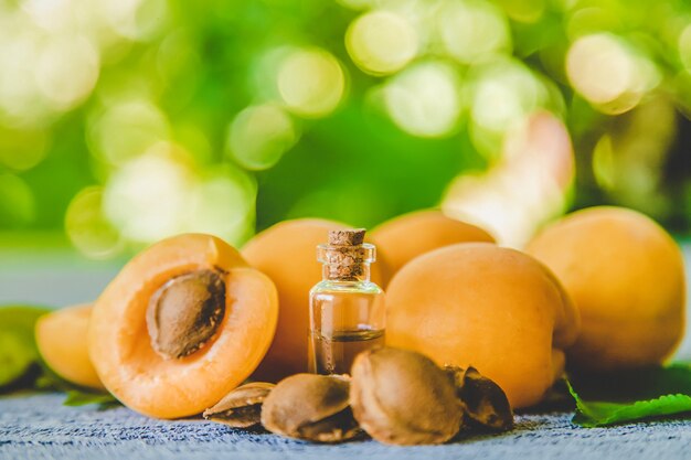 Aprikosenkernöl in einer kleinen Flasche. Selektiver Fokus. Natur.