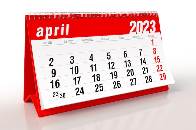 April 2023 Kalender isoliert auf weißem Hintergrund 3D-Darstellung