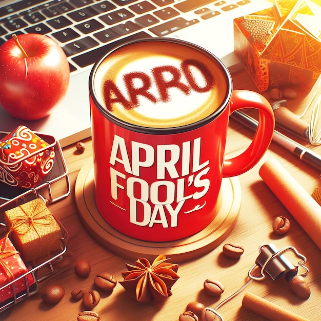 April Fools Day mit Kaffee bunter roter Joker Becher Hintergrund kostenloses Foto