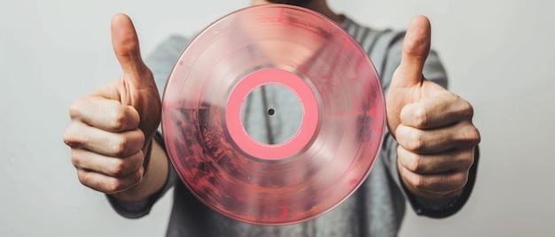 Foto aprobación de vinilo rosa un hombre mostrando los pulgares en fondo blanco