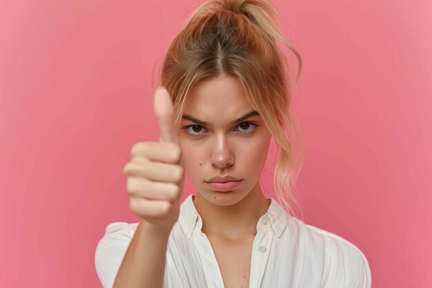 Foto aprovação cética com mulher em fundo rosa