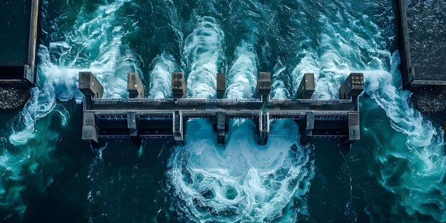 Aproveitamento de energias renováveis Vista aérea de um conceito de central hidroelétrica moderna Energia renovável Vista aérea de uma central hidroeléctrica Tecnologia moderna Desenvolvimento sustentável