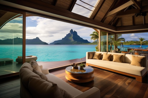 Aproveite a tranquilidade desta sala costeira enquanto aprecia a vista deslumbrante do oceano Vista Bungalow Bora Bora AI Generated