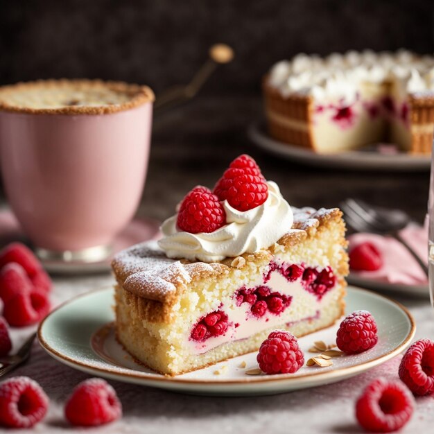 Aproveite uma fatia de bolo de framboesa com sua crosta de manteiga e framboesas suculentas