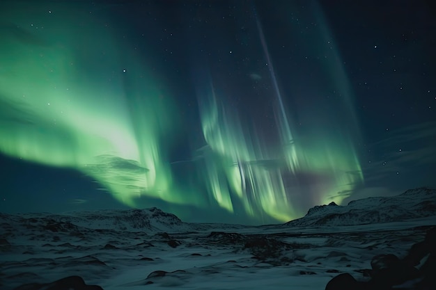 Aproximação da aurora boreal com estrelas brilhando ao fundo, criada com geração de ai