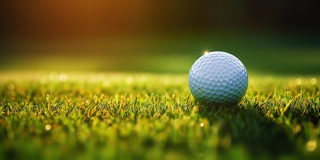 Aproximação da bola de golfe na grama verde do campo de golfe, dia ensolarado, cenário desfocado, AI generativa