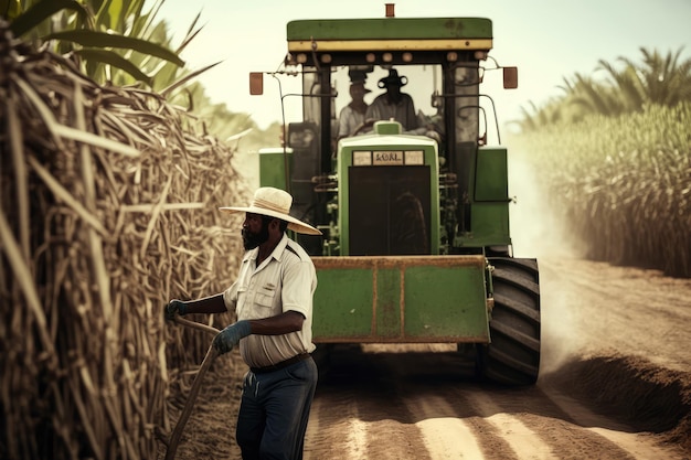 Foto aproximação da cana-de-açúcar sendo colhida por um fazendeiro em um campo tropical pronto para ser transformado em