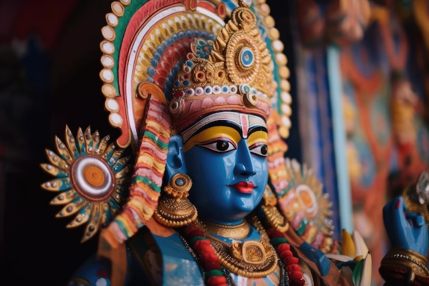 Aproximação da estátua colorida da divindade hindu no templo criado com ai generativo