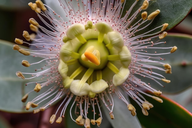 Aproximação da flor de eucalipto com seus intrincados detalhes e pétalas à vista