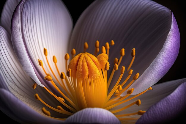 Aproximação da flor do açafrão com suas pétalas delicadas e estames dourados à vista