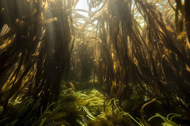 Foto aproximação da floresta de algas com fio único e folhas delicadas criadas com ai generativo