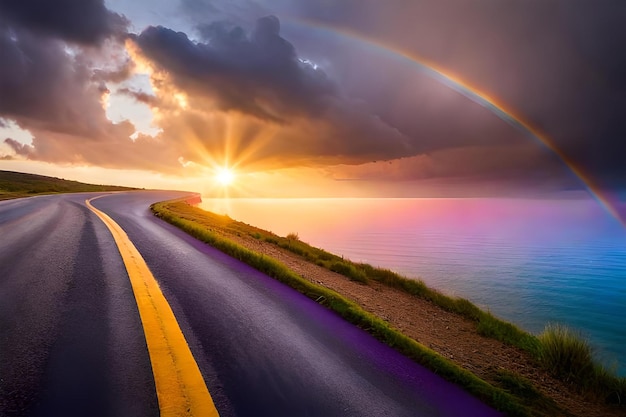 Aproximação da foto de um arco-íris na chuva arco-íris colorido cai diretamente na estrada molhada