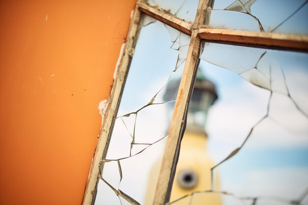 Foto aproximação da janela do farol antigo com vidro rachado