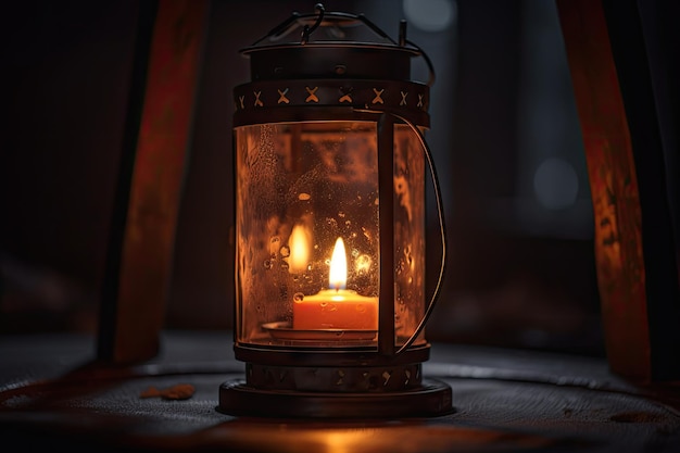 Aproximação da lanterna com vela bruxuleante lançando brilho quente