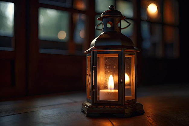 Aproximação da lanterna com vela bruxuleante lançando brilho quente