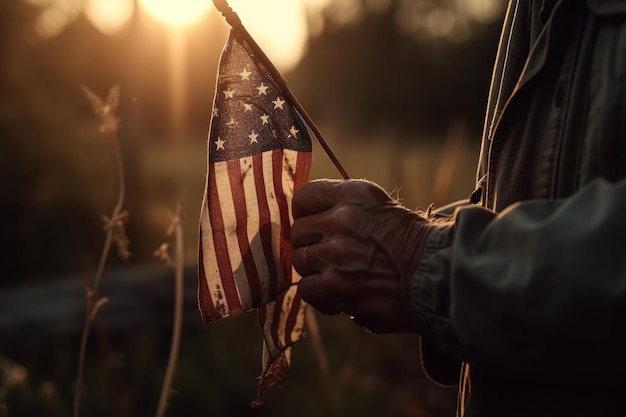 Aproximação da mão do velho veterano com a bandeira nacional americana