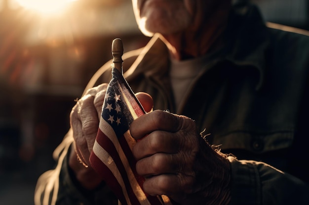 Aproximação da mão do velho veterano com a bandeira nacional americana