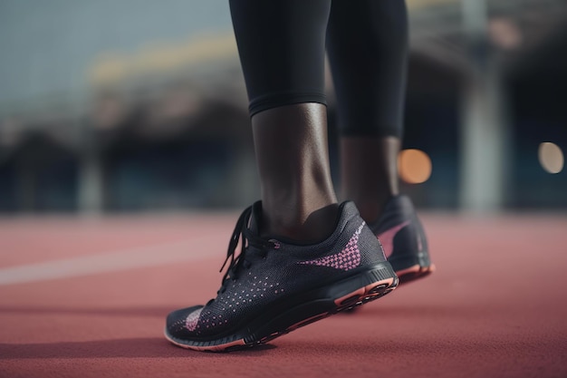 Aproximação da perna de uma atleta negra em tênis pulando no estádio treinando ao ar livre IA generativa