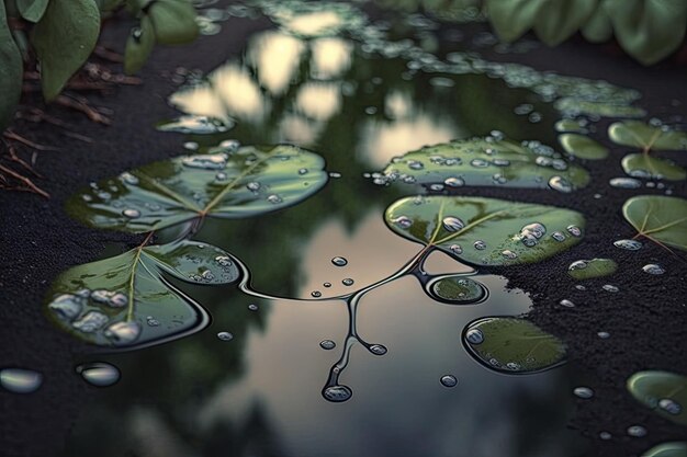 Aproximação da poça com pingos de chuva refletindo o céu e a vegetação ao redor