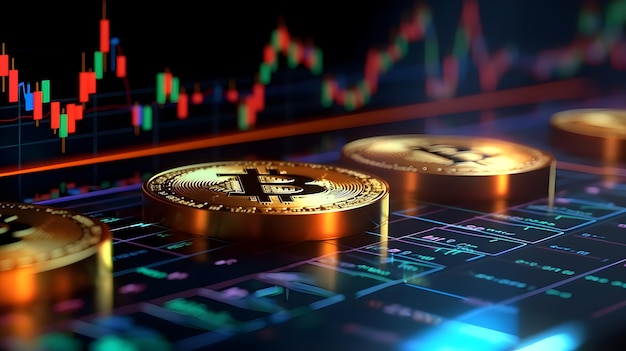 Aproximação da tecnologia de bitcoins com tela de gráfico do mercado de ações em segundo plano