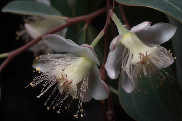 Aproximação das intrincadas pétalas delicadas e folhas de flores de eucalipto