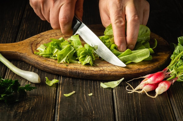 Aproximação das mãos de um chef cortando folhas verdes de alface em uma tábua de corte com uma faca