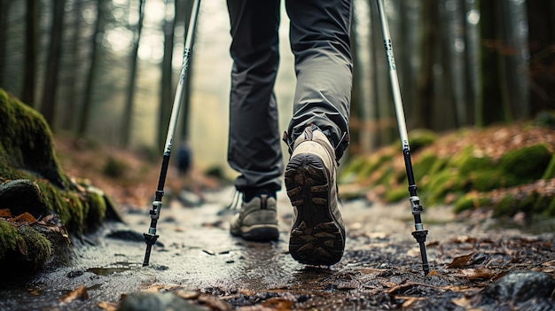 Aproximação das pernas de uma pessoa em sapatos de caminhada andando na floresta usando bastão de caminhada