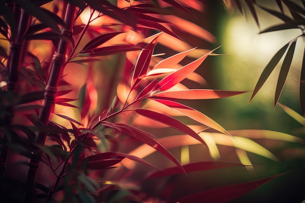 Aproximação de árvores de bambu vermelhas e verdes com luz solar filtrada pelas folhas