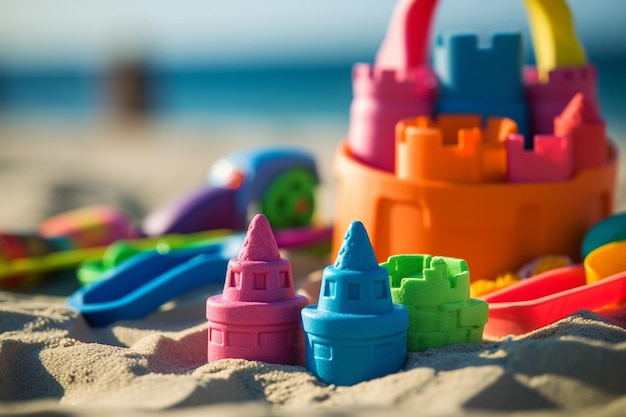 Aproximação de brinquedos de praia coloridos e moldes de castelo de areia no verão
