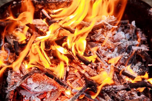 Aproximação de chamas queimando em fundo preto chama de fumaça de fogo de madeira