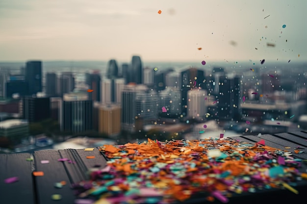 Aproximação de confetes coloridos caindo do céu com vista para a cidade ao fundo