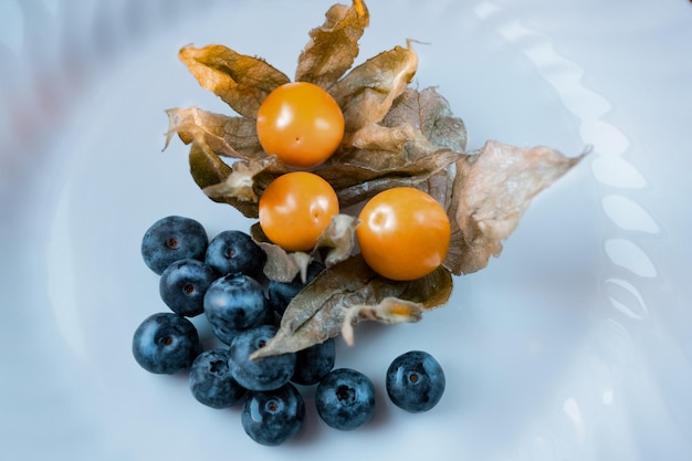 Aproximação de cranberries e physalis que são frutas exóticas típicas do Natal