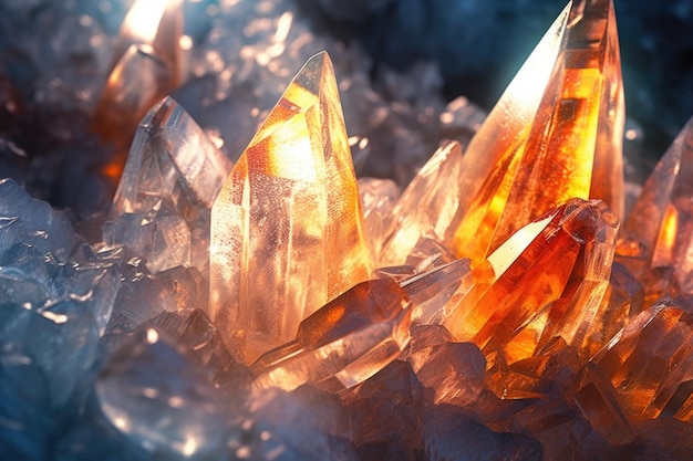 Aproximação de cristais gelados iluminados pela luz do sol criados com ai generativa