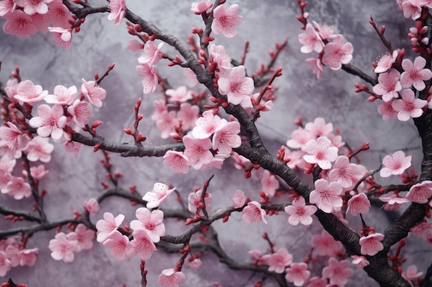 Aproximação de delicadas flores de cerejeira em ambiente zen criado com ai generativa