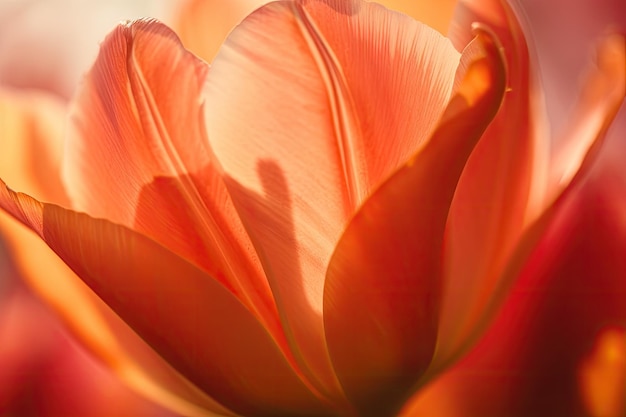 Aproximação de delicadas pétalas de tulipa de primavera com raios solares brilhando